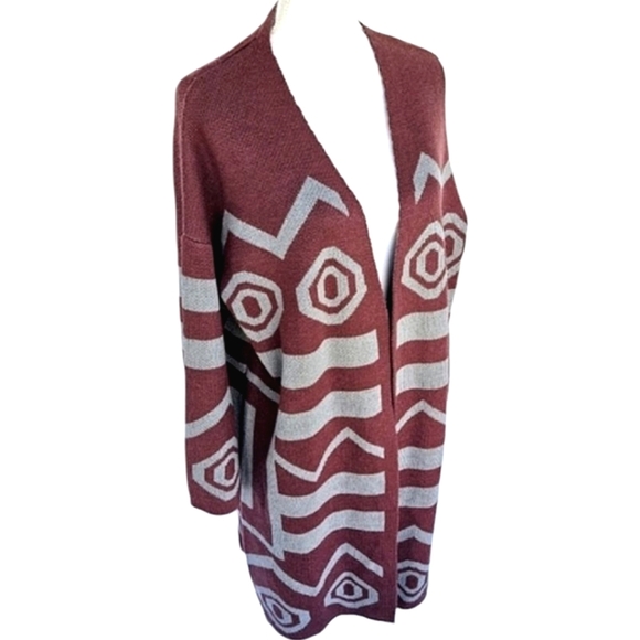YeMak Sweater Wmns Tribal Boho Cardigan Slouchy Coat Long Sleeve Burgundy SzS/M - Picture 2 of 12